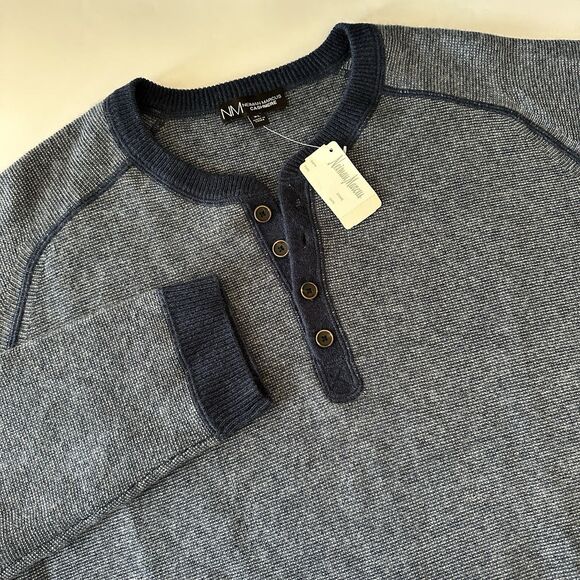NEW Neiman Marcus Men's 100% Cashmere Henley Pullover Sweater Blue Stripe • XL - Picture 1 of 9